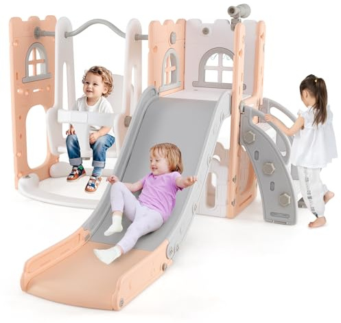 DREAMADE Ensemble Toboggan et Balançoire 7 en 1 pour Tout-Petits, Aire de Jeux Intérieure avec Escalier, Télescope, Panier de Basket et Espace de Rangement, pour Enfants de 1-3 Ans (Rose & Gris)