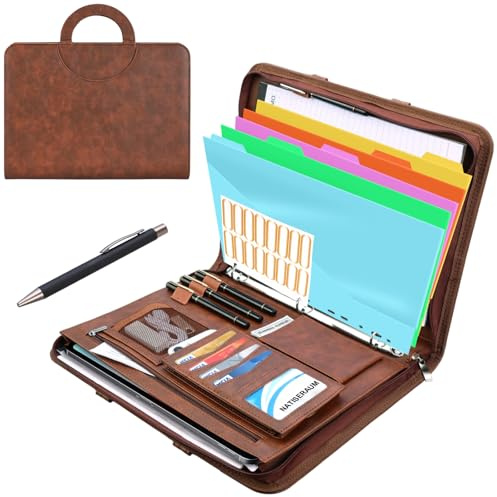NATISERAUM Padfolio Portfolio Binder with Handle, 3-Ring Folder Organizer, Vegan Leather Portfolio with Notepad Includes 5 Dividers with 10 Pockets for Documents Filesfor Documents Files and 1 Pen