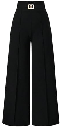 GORGLITTER Palazzo Trousers for Women UK High Waisted Ring Buckle Straight Leg Elegant Dressy Business Pants Black Large