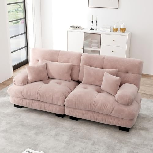 Ligterra Sofa mit Schlaffunktion, Sofa 2 Sitzer, Cloud Ecksofa für Wohnzimmer, Chenille Doppelsofa mit 2 Lendenkissen und 2 Dekokissen, Massivholzrahmen Rosa