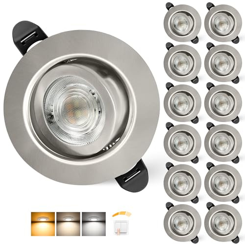 Aulaiyi LED Einbaustrahler 230V Dimmbar 68mm 5.5W IP44 LED Spot Ultra Flach | Deckenspots 45° Schwenkbar Einbauleuchten Warmweiß Neutralweiß Kaltweiß Einbauspots für Bad Wohnzimmer, Nickel 12er Set