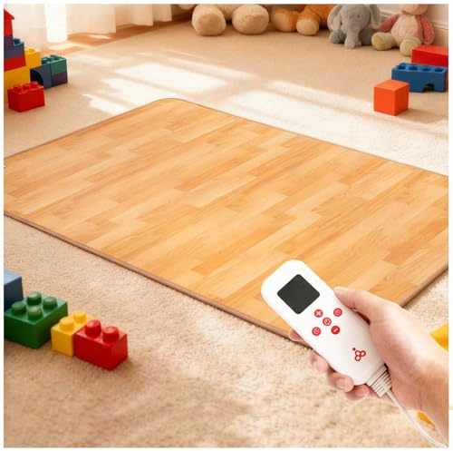 Graphen Elektrischer Heizteppich mit 60 Einstellbaren Heizstufen Beheizbare Teppich Beheizter Fußmatte für Büro Raumheizung Matte mit 12-Stunden-Timer,Natural wood,50x60cm
