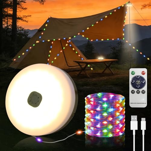 Dixmas Camping Lichterkette Aufrollbar Solar 10M 3600mAh Campinglampe | USB-aufladbare, mit 5 Lichtmodi, Dekoleuchte für Camping im Außenbereich