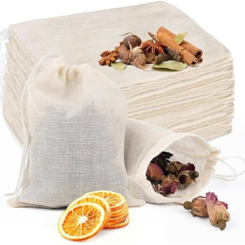 HUZNA 25 Pezzi Sacchetti Tè in Cotone 10x15cm, Filtri Riutilizzabili in Mussola Naturale per Tè Sfuso, Spezie, Erbe e Brodo, Bustine Filtro con Coulisse per Cucina e Infusione