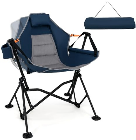 COSTWAY Hammock Camping Chair, Folding Swing Chair with Adjustable Back, Head Pillow, Cup Holder & Carry Bag, Portable Rocking Recliner for Picnic Fishing Hiking (no Retractable Footrest, Navy)