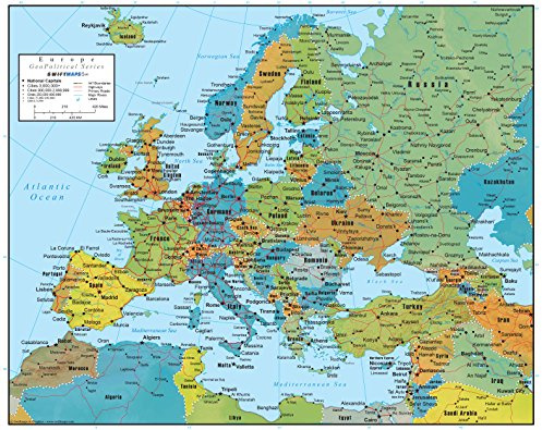 Europa Wandkarte – Politische Karte (Englische Version) – Laminierte, abwischbare Landkarte (42 × 60 cm, A2) mit Ländern, Hauptstädten und wichtigen Städten