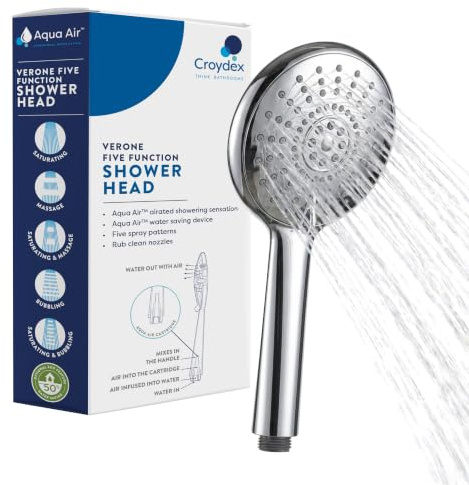Croydex Varone Chrome Water Saving Shower Head | Five Spray Patterns | Aqua Air Aerated Spray | Rub Clean Nozzles