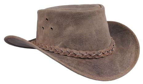 Leatherick Unisex-Cowboyhüte aus echtem Mad-Horse-Leder im West-Aussie-Stil mit Kinnriemen (S, Verrücktes Beigebraun)