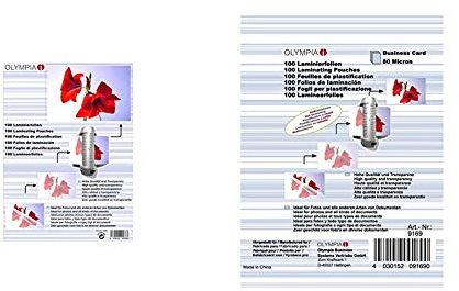 Olympia 9168, Laminierfolien, DIN A6, 80 mic, 100 Stück, glänzend/transparent, geeignet für alle Heißlaminiergeräte & 9169 Laminierfolien, 80 Micron, 100 x Visitenkarte