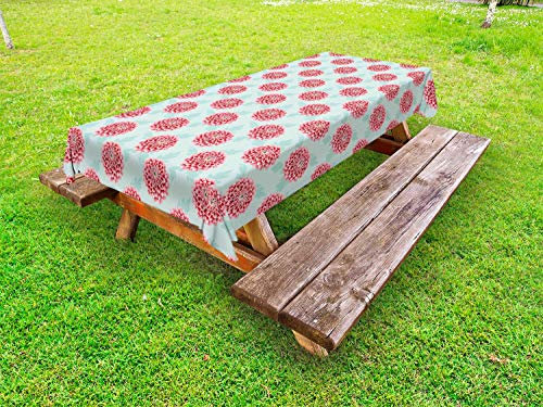 ABAKUHAUS Dahlie Outdoor-Tischdecke, Pompom geformte Blütenblätter, dekorative waschbare Picknick-Tischdecke, 145 x 210 cm, Dunkle Koralle und Blassblau