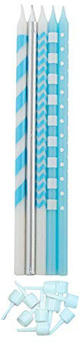 10 CANDELE - Fantasia Celeste/Azzurro Bianco e Argento - Mezzo Stelo in cera - Candeline di compleanno MAXI per TORTE e dolci decorazione per feste, compleanno, matrimonio ecc. - Candela MATITA H15cm