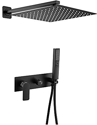 VALAZ Douche Encastrable | Mitigeur Douche 2 voies, Pulvérisateur Effet Pluie | Installation Murale Facile et Rapide | Inoxydable, Carré, Pulvérisateur 20 cm, Noir Mat, Série Miño
