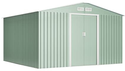 Wasabi - Caseta Jardín Exterior 10,2m2 Light Green - 322x324x205cm - Doble Puerta Corredera - Rejillas Ventilación - Techo a 2 Aguas – Verde - Cobertizo de Almacenamiento Armario Metálico Herramientas