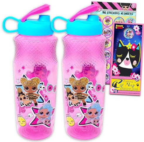LOL Dolls Plastic Water Bottle Set for Girls ~ 4 pc Bundle with 2 LOL Reusable Bottles For Home, School, and Sports, Stickers, and Door Hanger | LOL Dolls School Supplies
