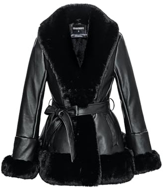 GRAN ORIENTE Faux Leather Jacket for Women with Faux Fur Collar Long Sleeve Fuzzy Parka Overcoat with Warm Trimmed Winter Peplum Coat Belted (GK007 Black L)