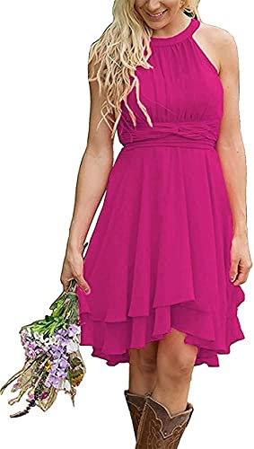 N/ C Vestido de dama de honor para jóvenes, cuello halter, longitud hasta la rodilla, vestido de invitada de boda, fucsia, 38