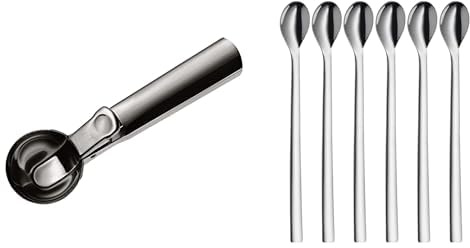 WMF Nuova Longdrinklöffel 6-teilig, Lange Löffel 22 cm, Latte Macchiato Löffel & Gourmet Eisportionierer 18 cm, Eislöffel mit Auswerfer, Cromargan Edelstahl poliert