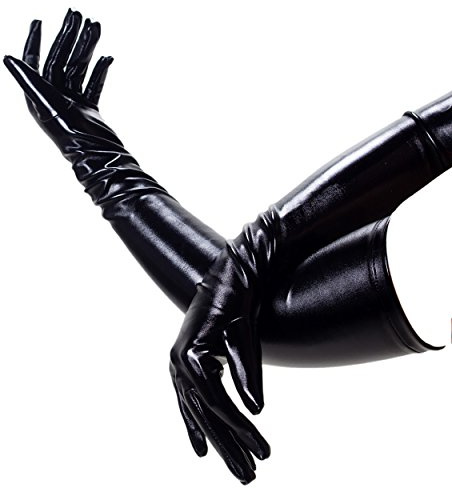 Rubberfashion Long Shiny Latex Gloves - Long Sexy Evening Gloves for Domina and Catwoman Outfit/Costume Arm Length. black lacquer XXL