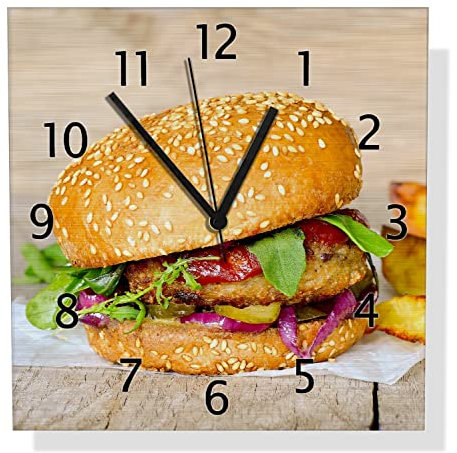 Wallario Design Wanduhr Burger mit frischem Salat und Pommes aus Aluverbund, Alu-Uhr Größe 30 x 30 cm, Schwarze Zeiger mit Metalloptik