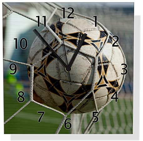 Wallario Design Wanduhr Fußball - Ball im Tor - Bolzplatz aus Aluverbund, Alu-Uhr Größe 30 x 30 cm, Schwarze Zeiger mit Metalloptik