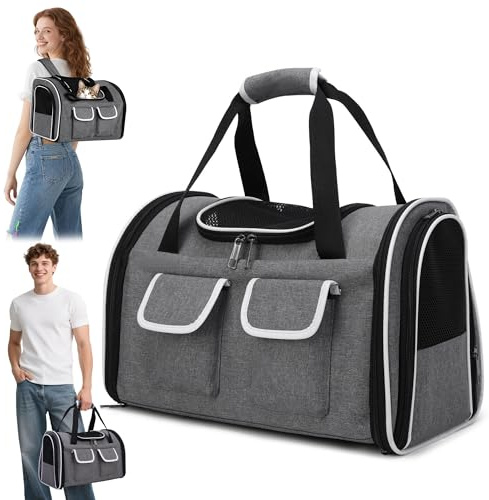 ALLSOPETS Faltbarer Katzenrucksack für große Katzen & kleine Hunde, Atmungsaktive Hundetragetasche mit herausnehmbarem Kissen & Taschen, Haustiertasche bis 10kg (Steingrau, L)