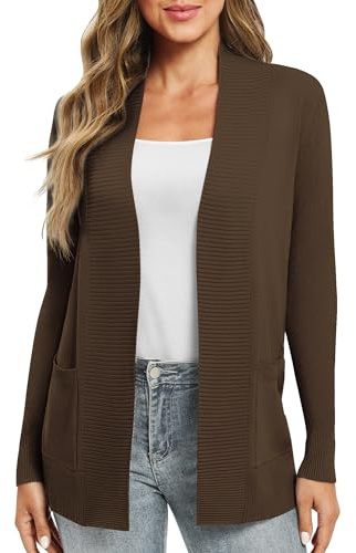 Lätt långärmad stickad cardigan för kvinnor med fickor öppen framsida vardaglig tröja för våren höst, Brun, S