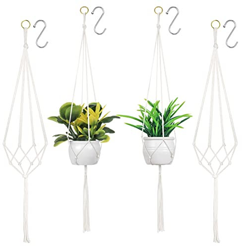 Dacitiery 4er Set Makramee Blumenampel,Blumenampeln Zum Aufhängen,Baumwollseil Hängeampel Hängetopf für Pflanzen mit 4 pcs Metallhaken für Innen Außen Decken Balkone Wanddekoration(2 Größen)