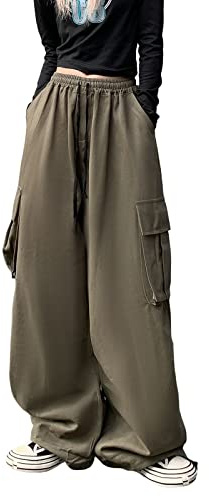 Hewlshawn cargobyxor baggy Y2K vintage gotiska byxor hög midja rak pojkvän aesthetic Harajuku streetwear, Grön, L