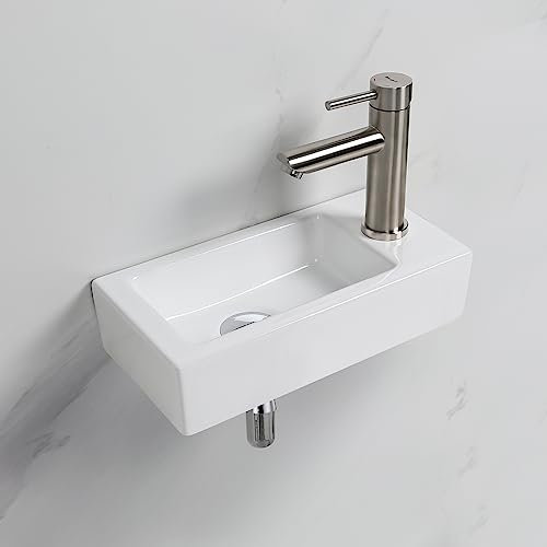 Ibergrif M41102-R Lavabo Rettangolare in Ceramica con 1 Foro per Rubinetto, Lavabo Sinistro a Parete, Dimensioni Piccole: 376 × 188 × 93 mm, Bianco