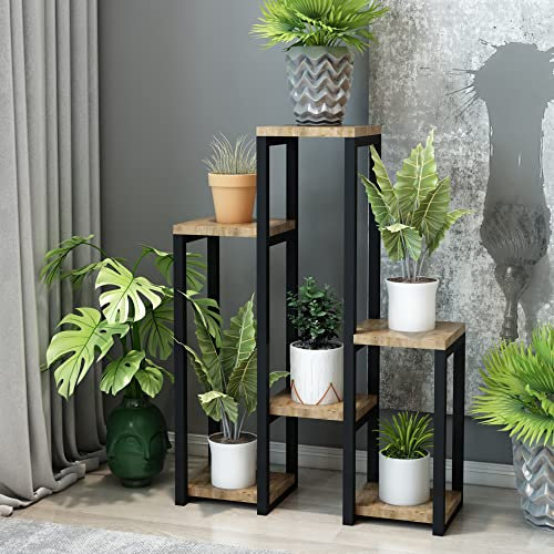 [en.casa] Étagère à Plantes à 6 Niveaux Support Cache-Pots Fleurs Herbes Surface de Stockage Meuble de Rangement Métal Panneau de Particules 79 x 56 x 20 cm Noir Effet Bois
