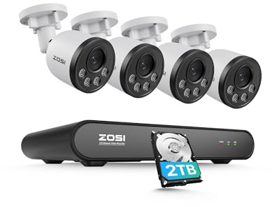 ZOSI 5MP PoE CCTV Camera System with Human Detection, 4X 4MP Outdoor Indoor Home Security Cameras and 8CH H.265+ 5MP PoE NVR Built-in 2TB HDD, 100ft Night Vision, Remote Access, 24/7 Recording