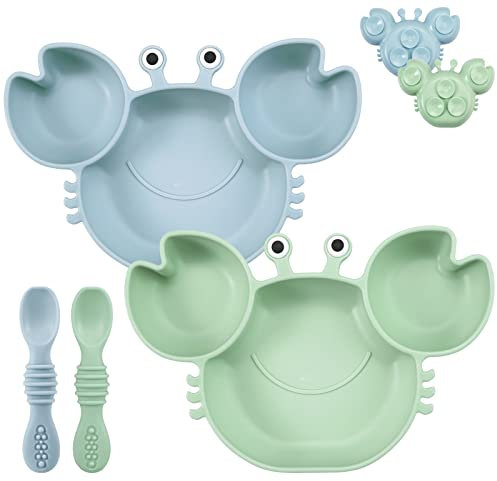 PandaEar Juego de 2 Platos de Silicona Irrompibles con Succión para Bebés, Divididos para Alimentos Infantiles, Incluye 2 Cucharas de Autoalimentación - Diseño de Cangrejo en Azul y Verde
