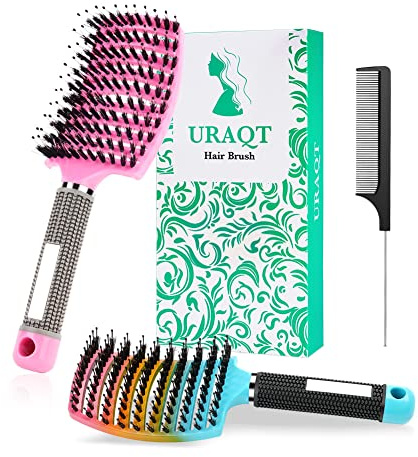URAQT Cepillo Pelo, 2pcs Cepillo Cerdas Jabali y 1pcs Peine Pelo Rizado, Peine Antitirones Masaje Curvo y Ventilado, Cepillo Desenredante para Secado Más Rápido, Reducir Encrespamiento y Rotura