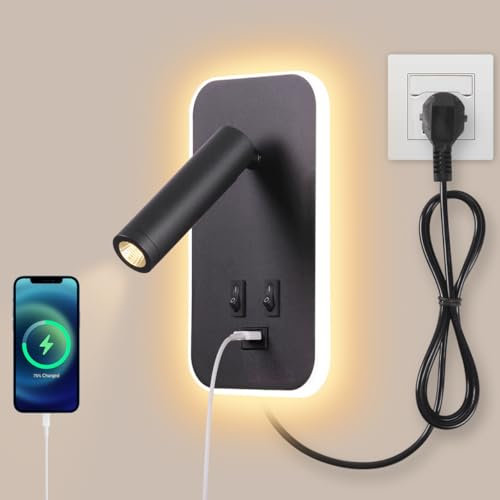 AWEKLIY 3W+9W LED leselampe wandlampe USB-Aufladung mit schalter wandleselampe Bettlampe innen Leselicht Schwenkbar Wandbeleuchtung Schlafzimmer Nachttischlampe 3100K, mit Stecker und Kabel, Schwarz