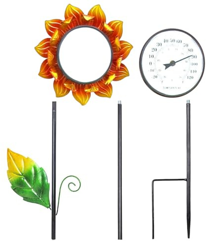Genikeer Jardin Extérieur Solaire, 40 Pouces Thermomètre Extérieur Décoratif avec Piquet en Métal, Thermomètre AnalogiqueTournesol pour Pelouse, Cour, Patio