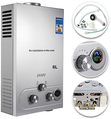 OwKay Calentador de Agua Caliente a Gas 6-18L Caldera instantánea sin Tanque de propano con Kit de Ducha Calentador de Agua GLP Electrodomésticos (Color: Plata, tamaño: 6L 12KW)