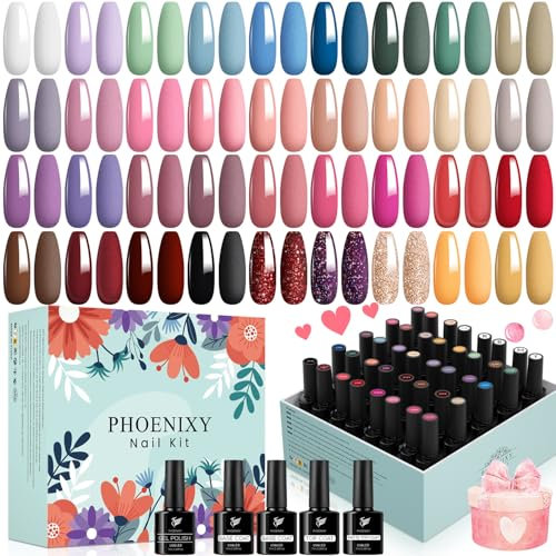 Phoenixy 40Pcs UV Nagellack, 72 Effekte 36 Farben Gellack UV mit Base Top Matte Coat, Pink Blau Schwarz Populäre Farbe UV Gel Nagellack, Geschenke für Frauen Nail Art zu Hause