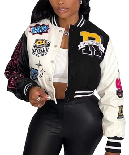 ACEFAST INC Varsity Jacket Womes Colorblock Letter Print Cropped Bomber Jacket Vintage Casual Baseball Jacket Y2K Streetwear