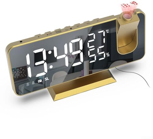 Whychstore Reloj de proyección digital, radio despertador digital con pantalla LED de espejo y proyector ajustable de 180° para una fácil lectura (dorado)