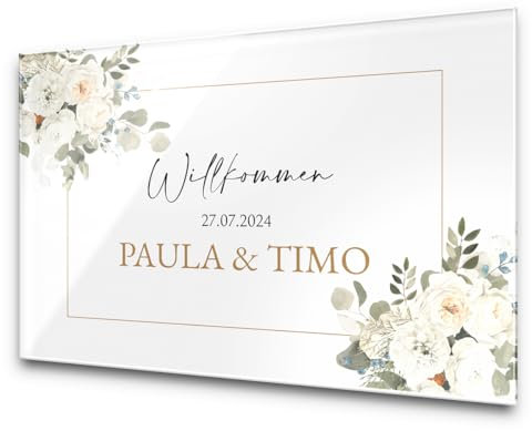 Personalisierte Wandbild Tafel zur Hochzeit - Wandbild mit hübschen Designs passend zum Hochzeitstag - Acrylglas in Hochglanzoptik und farbigem UV-Druck - Größe ca. 60x40 cm