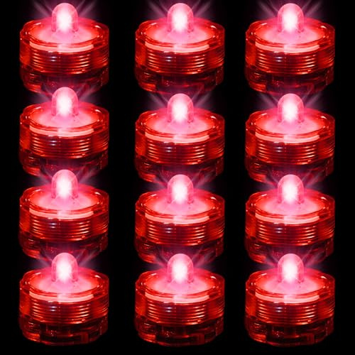 Editbar Flammenlose LED Kerzen Teelichter,12 Stück Mini Unterwasser Licht mit Batteries,Wasserdicht LED Teichbeleuchtung Dekolichter für Teich, Pool,Party, Hochzeit, Garten - Rot Licht