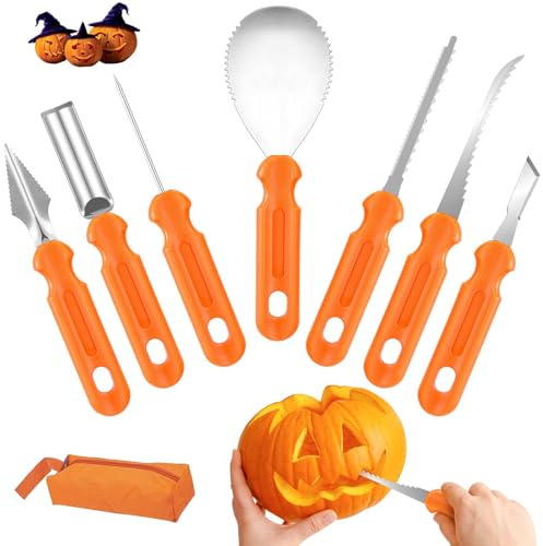 Manqyi 7 Stück Kürbis Schnitzen Set, Halloween Kürbis Schnitzset, Edelstahl Schnitzwerkzeug Kürbis Schnitzen, DIY Professionelles KüRbis Schnitz Tool Kit, für Familie Kürbis Schnitzen Werkzeug