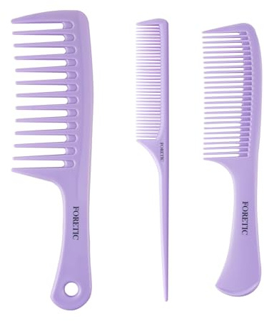 Foretic Hair Comb Set for Women and Men 3 Pieces-Wide Tooth Comb,Fine Tooth Rat Tail Comb,Medium Tooth Comb-Detangling Hair Combs for All Hair Types-Purple
