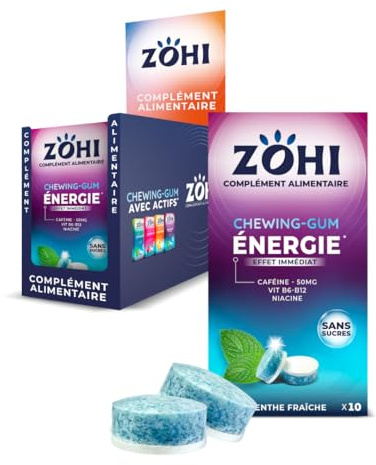 ZOHI Chewing-gum sans sucres avec actifs - Boost Energie - Goût menthe fraîche - Complément alimentaire avec édulcorants - Boîte de 12 plaquettes de 10 chewing-gums