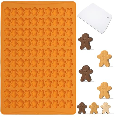 Amyandone Mini stampi in silicone, 100 cavità a forma di omino di pan di zenzero, stampi per cioccolatini, caramelle, fondente, gommose, biscotti, decorazioni natalizie (con raschietto)