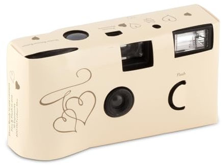 Weddingstar Disposable Camera with Flash - Single Use 35mm Film Camera for Wedding or Party Favors - Gold Enchanted Hearts