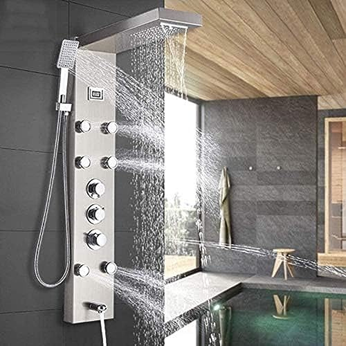 Panneau De Douche Colonne Système De Tour Pommeau De Douche Thermostatique À Effet De Pluie Avec Jets De Massage À Main Bec De Baignoire Mural En Acier Inoxydable