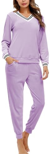 Totatuit Donna da Ginnastica in Velluto Tuta da Casa Set Tuta Sportiva Casual Pigiami Due Pezzi Pigiama Donna Pile Set Inverno da Yoga Jogging Training Sportwear con Coulisse Viola Chiaro M