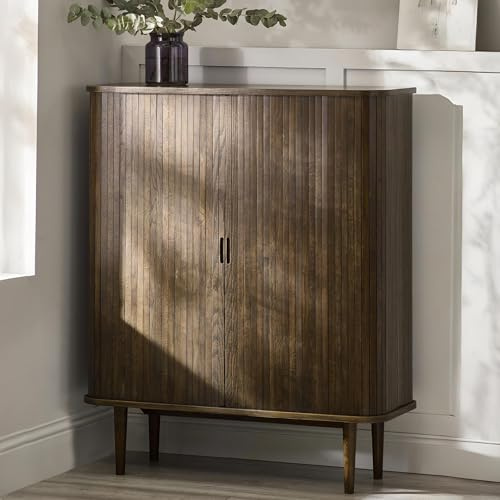 Julian Bowen Arya Drinks Cabinet, Dark Oak Effect - H120 x W100 x D40cm | Modern Wine Cabinet with Glass Holders, Wine Rack & Tambour Sliding Doors, Liquor Bar Storage for Living & Dining Room