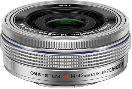 OM SYSTEM M.Zuiko Digital 14-42 mm F3.5-5.6 EZ Lens, Standard Zoom, Suitable for All MFT Cameras (Olympus OM-D and PEN Models, Panasonic G-Series), silver